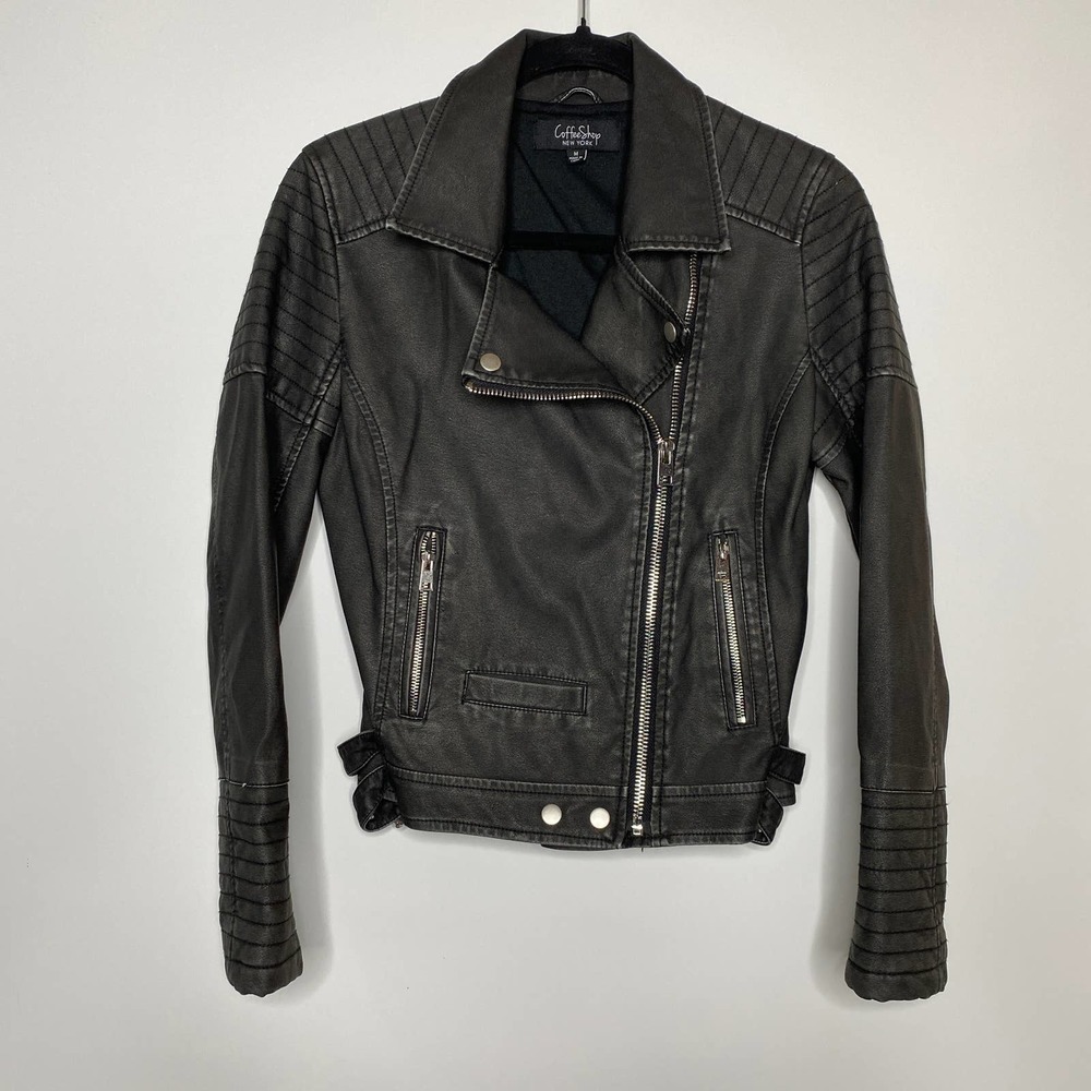 Coffee Shop Vegan Leather Moto Biker Jacket Medium Black Full Zip Buckles